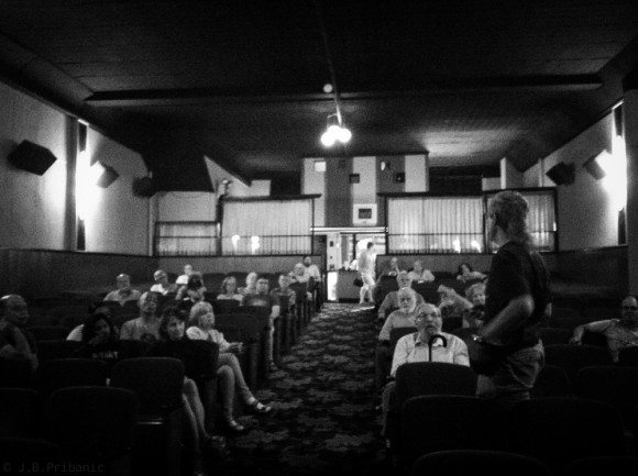 An audience at the Victoria Theatre in Blossburg, PA, discuss findings in the documentary Triple Divide w/ filmmakers Melissa Troutman & Joshua Pribanic (not shown). photo: J.B.Pribanic