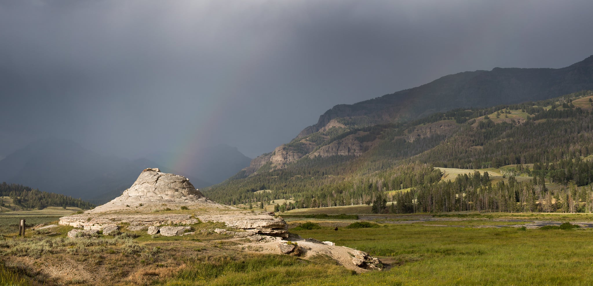 Soda Butte Creek Drainage: A hot spring terrace is in the foreground and an open valley with mountains surrounding it is in the background. © Yellowstone National Park, Neal Herbert